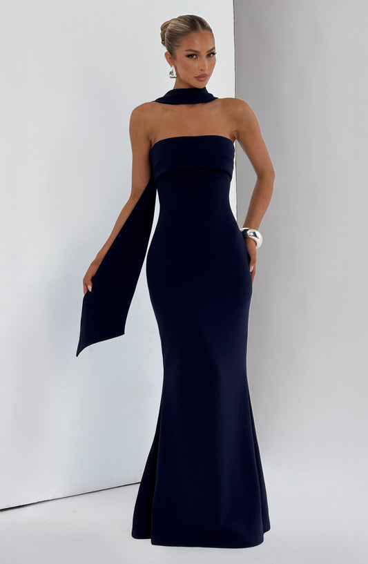 Aurora Strapless Stretch Crepe Maxi Dress Navy – styling detail