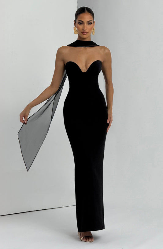 Juliet Maxi Dress Black Cupped Strapless Formal – front view