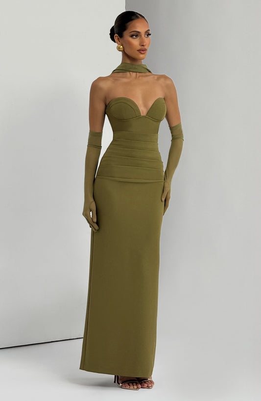 Juliet Strapless Maxi Dress Deep Olive Column – styling detail