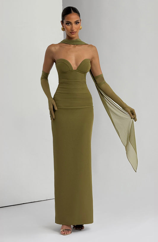 Juliet Strapless Maxi Dress Deep Olive Column – close-up detail