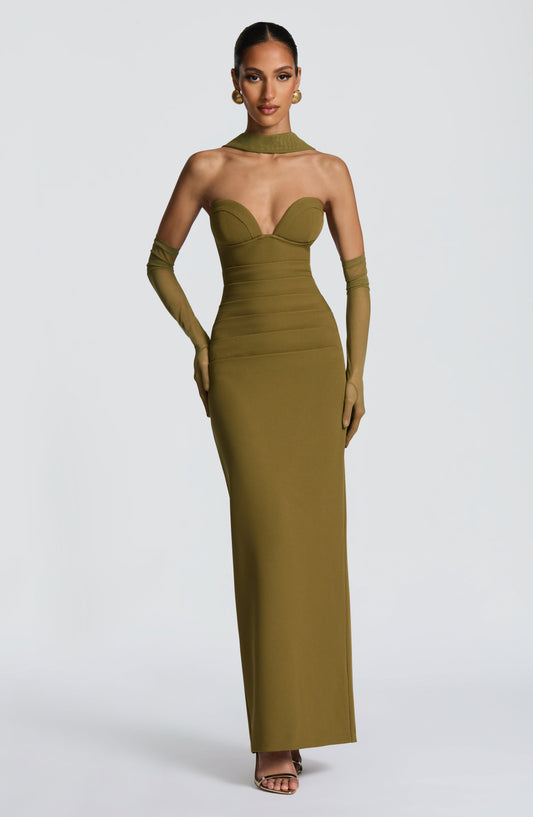 Juliet Strapless Maxi Dress Deep Olive Column – front view