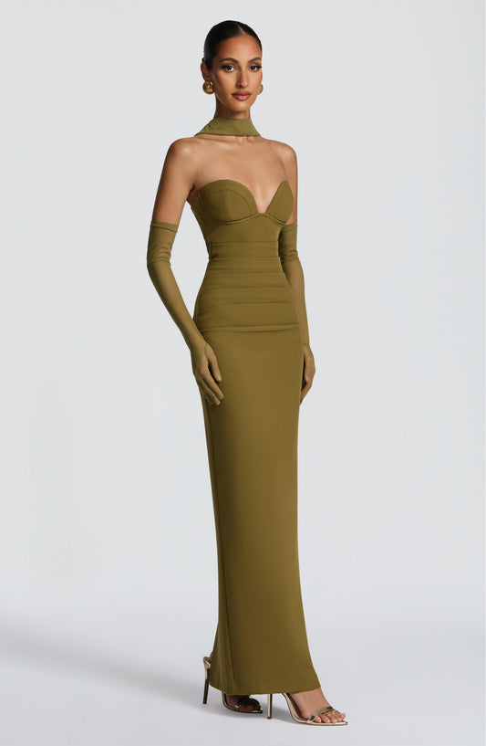 Juliet Strapless Maxi Dress Deep Olive Column – side view