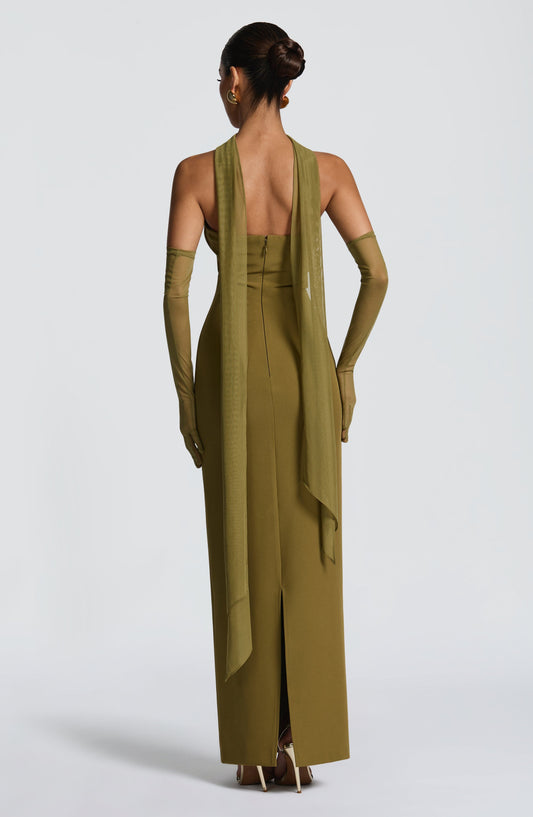 Juliet Strapless Maxi Dress Deep Olive Column – back view