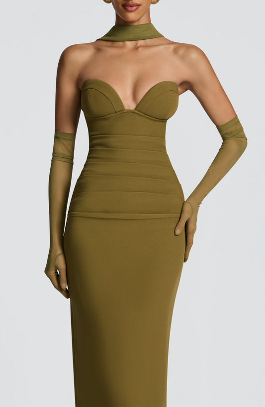 Juliet Strapless Maxi Dress Deep Olive Column – detail view