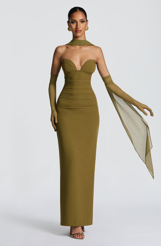Amelièr Vorè | Juliet Strapless Maxi Dress Deep Olive Column