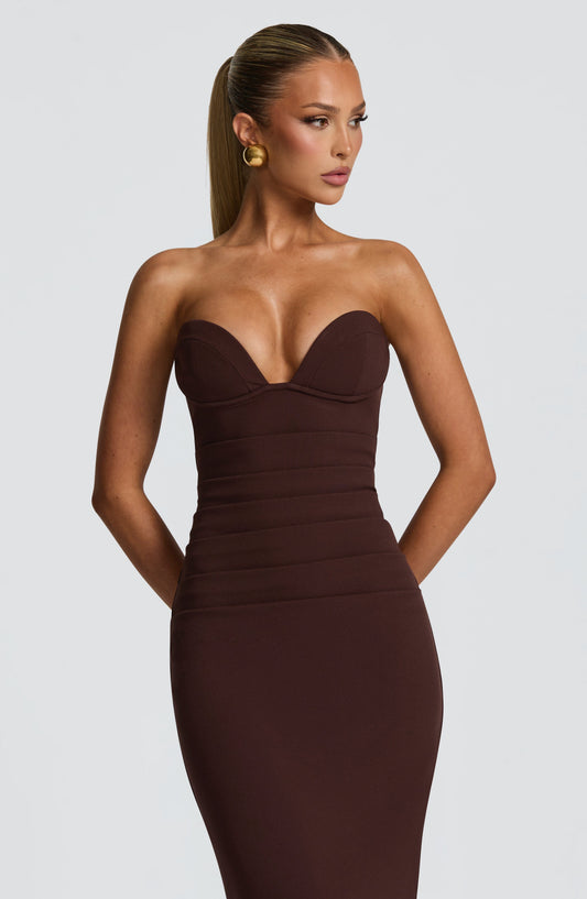 Juliet Strapless Maxi Dress Plum Brown – side view