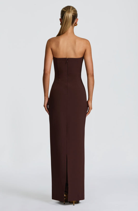 Juliet Strapless Maxi Dress Plum Brown – detail view