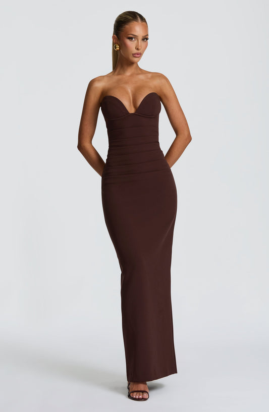 Juliet Strapless Maxi Dress Plum Brown – detail view