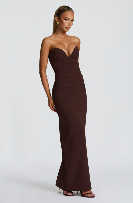 Juliet Strapless Maxi Dress Plum Brown – styling detail