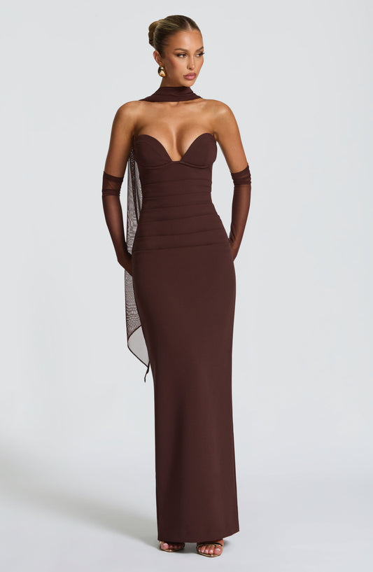 Juliet Strapless Maxi Dress Plum Brown – side view