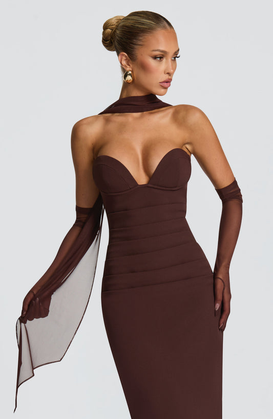 Juliet Strapless Maxi Dress Plum Brown – close-up detail