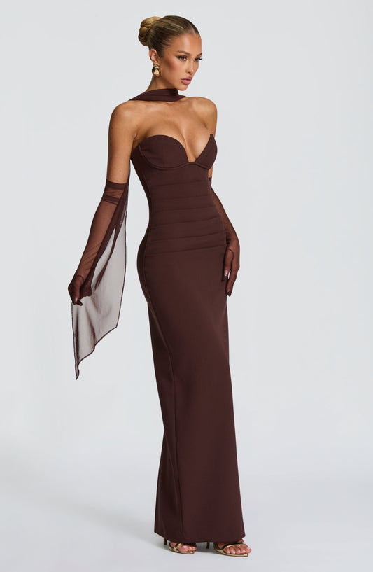Juliet Strapless Maxi Dress Plum Brown – front view