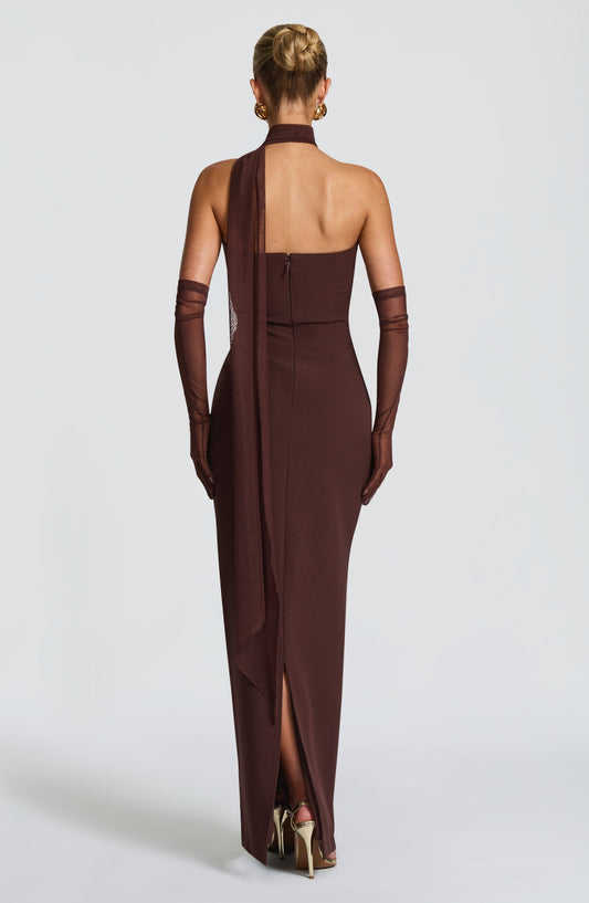 Juliet Strapless Maxi Dress Plum Brown – back view