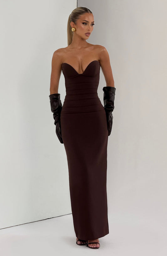 Juliet Strapless Maxi Dress Plum Brown – close-up detail
