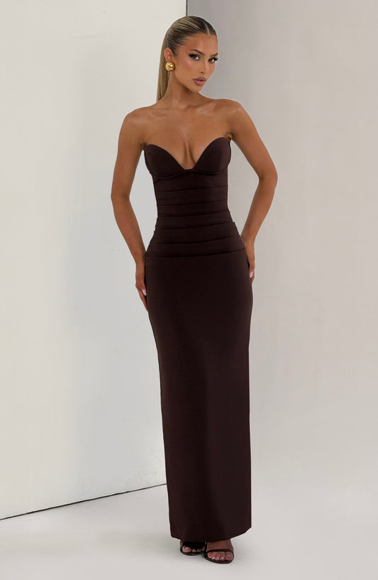 Juliet Strapless Maxi Dress Plum Brown – styling detail