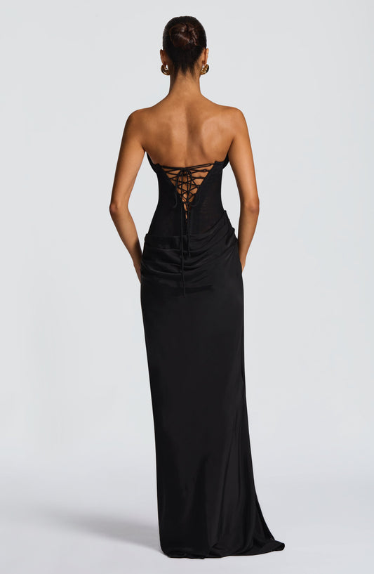 Elara Maxi Dress Black Cowl Neck – side view