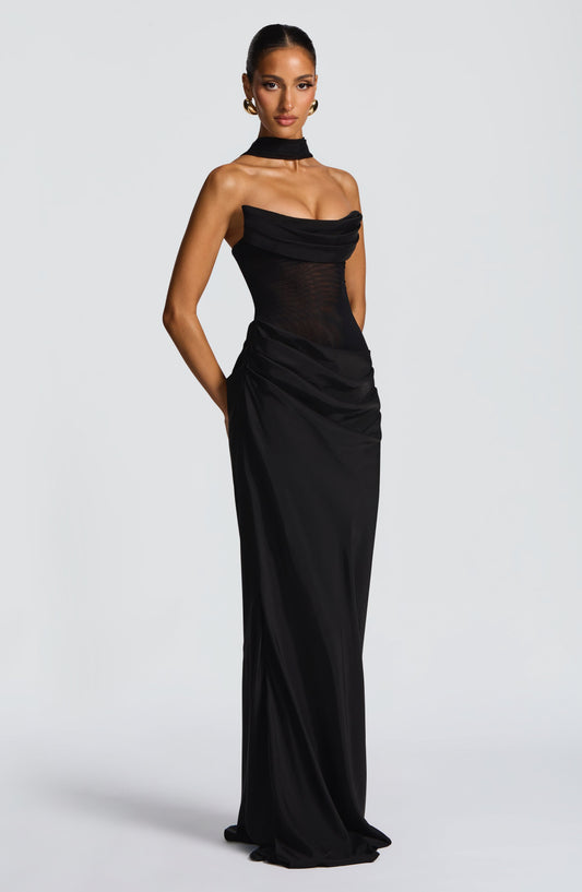 Elara Maxi Dress Black Cowl Neck – styling detail