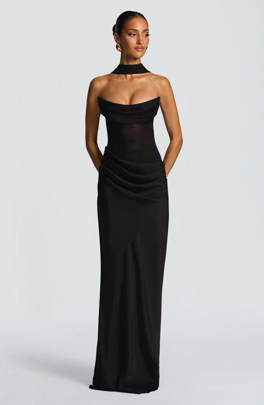 Elara Maxi Dress Black Cowl Neck – back view