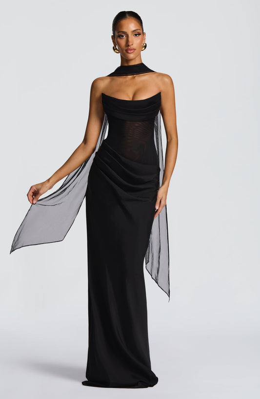 Elara Maxi Dress Black Cowl Neck – close-up detail