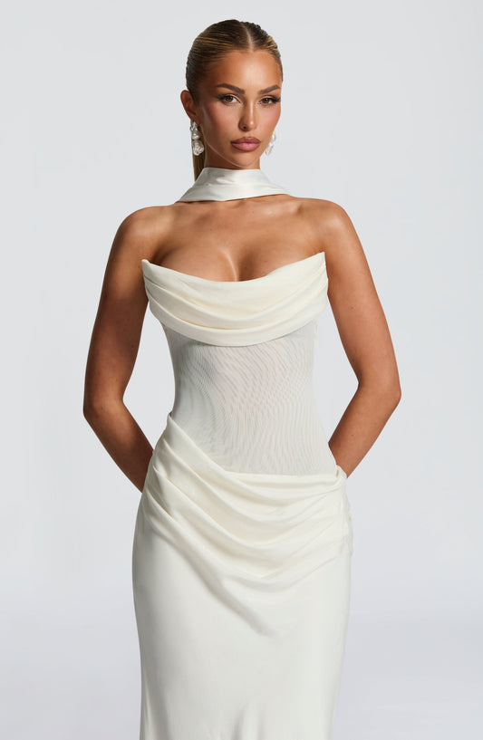 Elara Maxi Dress Cowl Neck Mesh Ivory – side view
