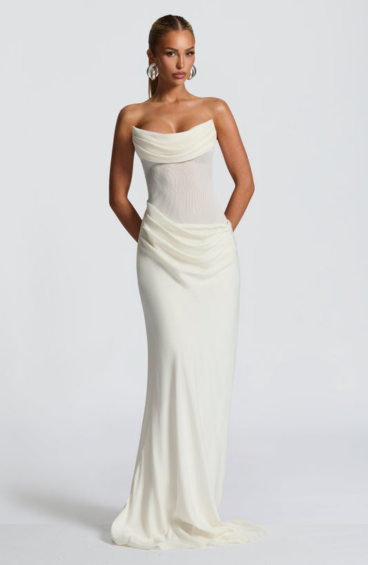 Elara Maxi Dress Cowl Neck Mesh Ivory – detail view