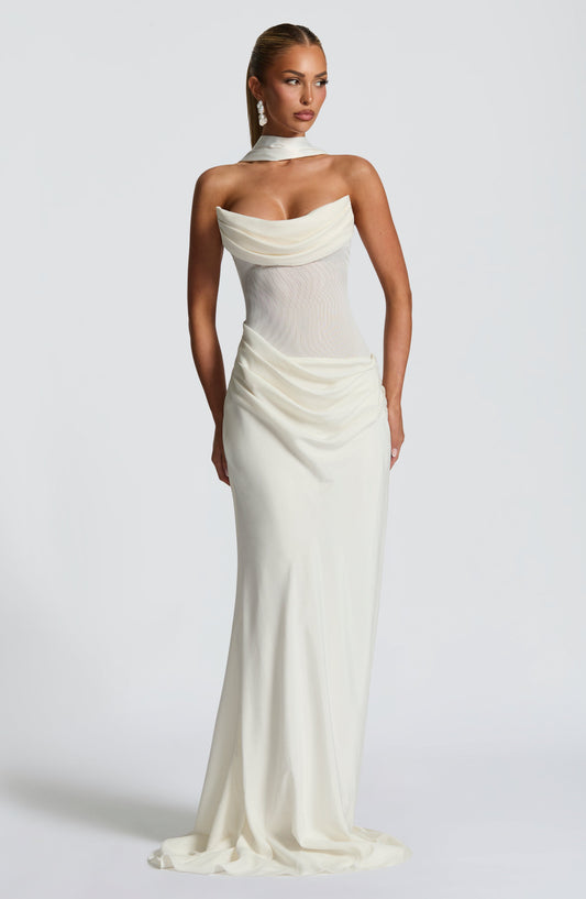 Elara Maxi Dress Cowl Neck Mesh Ivory – side view