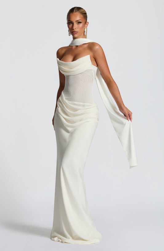Elara Maxi Dress Cowl Neck Mesh Ivory – front view
