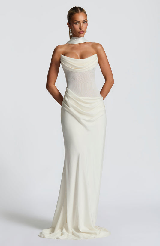 Amelièr Vorè  | Elara Maxi Dress Cowl Neck Mesh Ivory