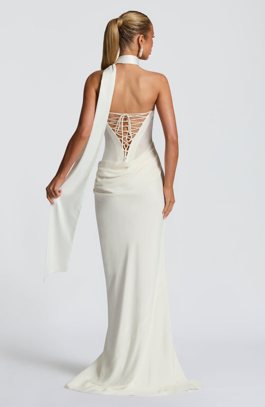 Elara Maxi Dress Cowl Neck Mesh Ivory – back view