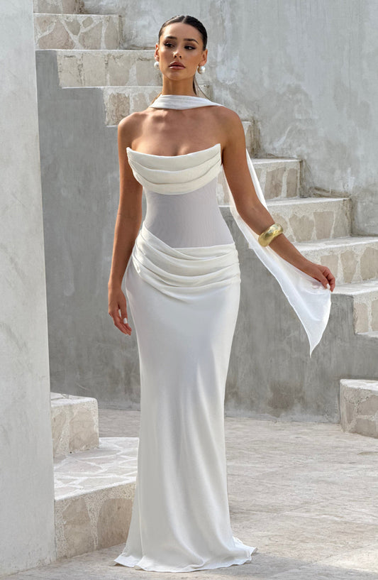 Elara Maxi Dress Cowl Neck Mesh Ivory – close-up detail