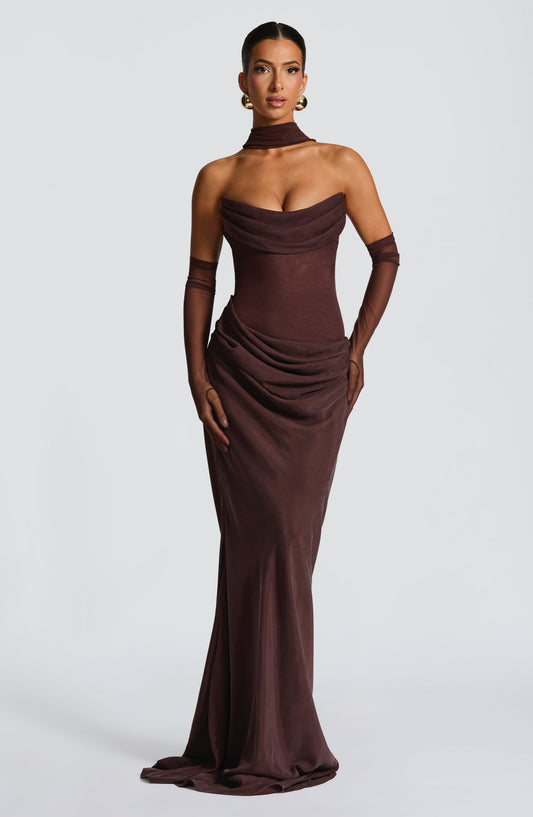 Elara Strapless Cowl Neck Maxi Dress Plum Brown – detail view