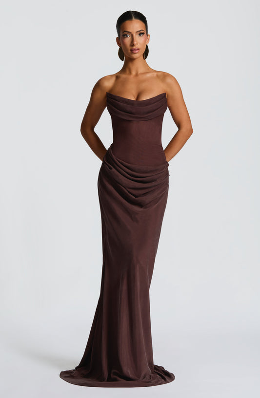 Elara Strapless Cowl Neck Maxi Dress Plum Brown – close-up detail
