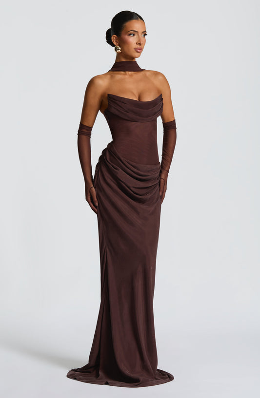 Elara Strapless Cowl Neck Maxi Dress Plum Brown – side view