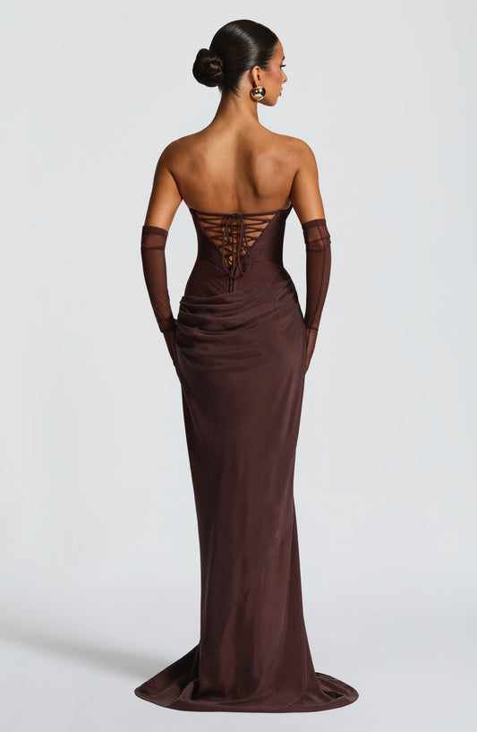 Amelièr Vorè | Elara Strapless Cowl Neck Maxi Dress Plum Brown