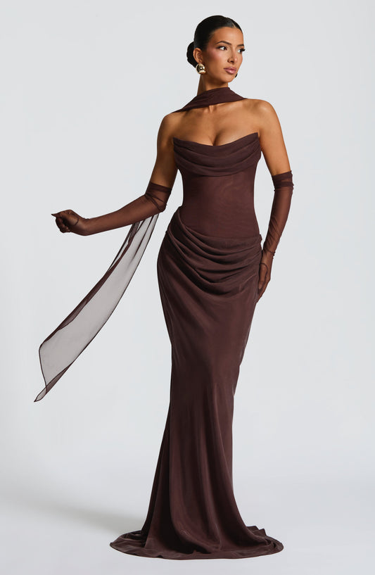 Elara Strapless Cowl Neck Maxi Dress Plum Brown – front view