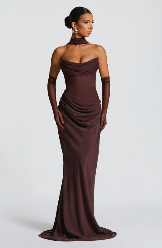 Elara Strapless Cowl Neck Maxi Dress Plum Brown – back view