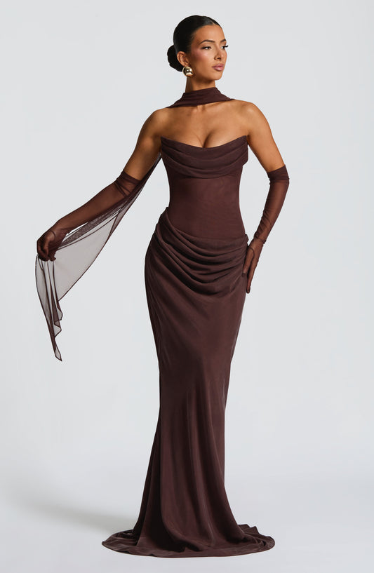 Amelièr Vorè | Elara Strapless Cowl Neck Maxi Dress Plum Brown