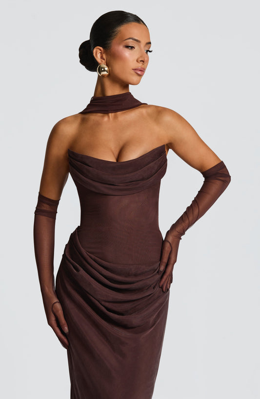 Elara Strapless Cowl Neck Maxi Dress Plum Brown – styling detail
