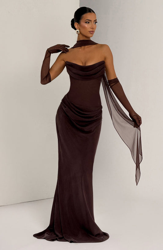 Elara Strapless Cowl Neck Maxi Dress Plum Brown – back view