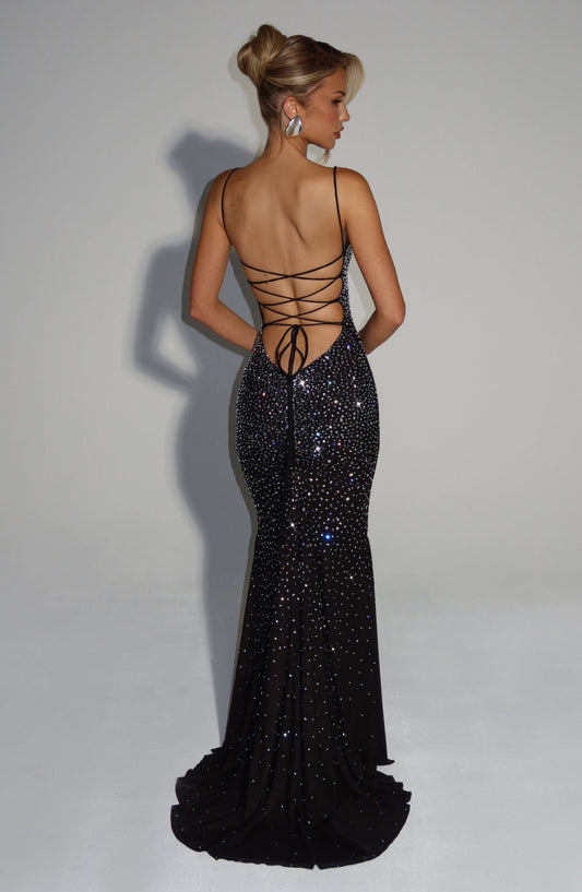 Celeste Gown Black Rhinestone Stretch Mesh Maxi Dress – styling detail