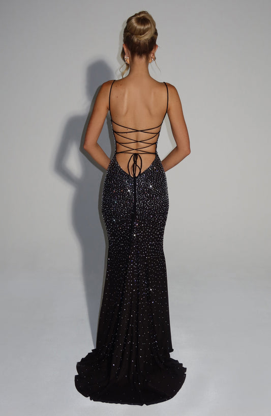 Celeste Gown Black Rhinestone Stretch Mesh Maxi Dress – back view