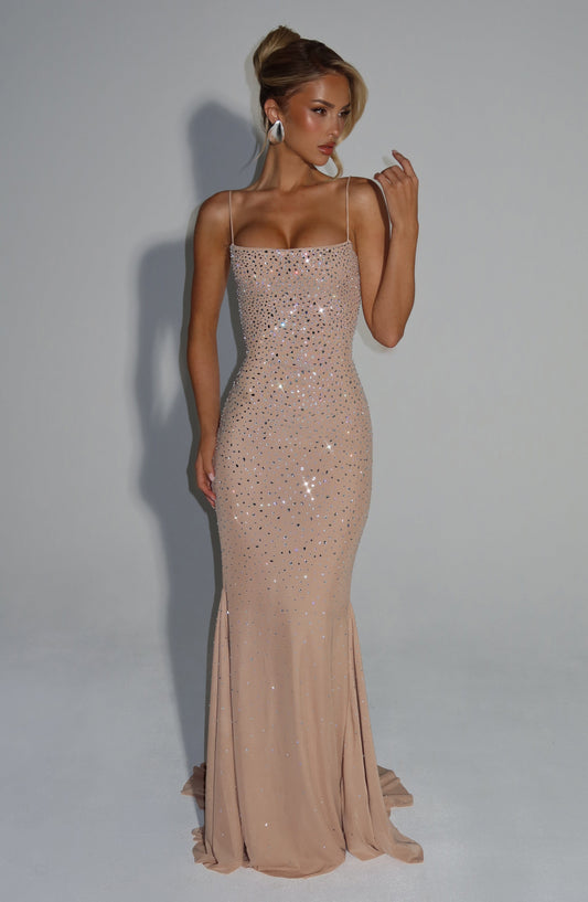 Celeste Gown Nude Stretch Mesh Rhinestone Maxi Dress – styling detail
