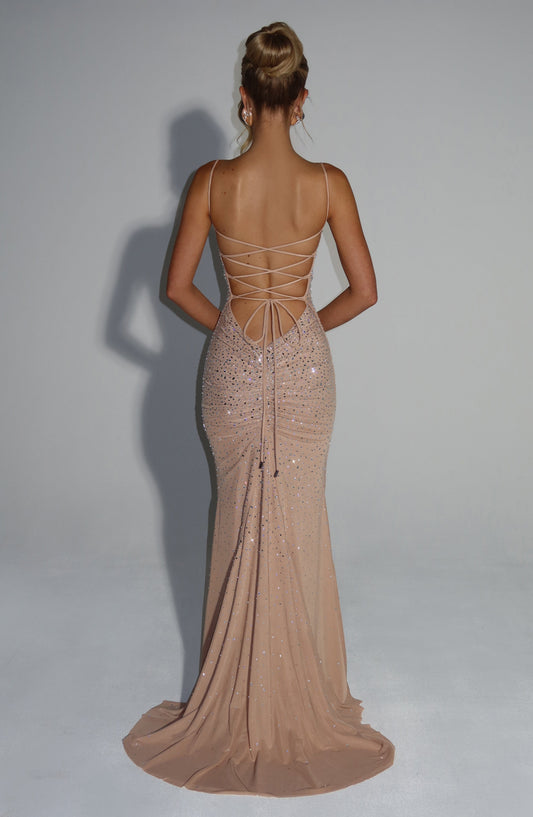 Celeste Gown Nude Stretch Mesh Rhinestone Maxi Dress – detail view