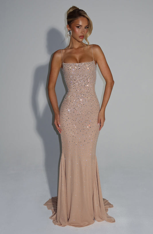 Celeste Gown Nude Stretch Mesh Rhinestone Maxi Dress – side view