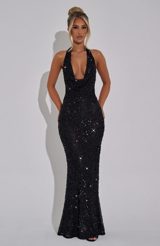 Seraphina Maxi Dress Sequin Net Black Lined – front view