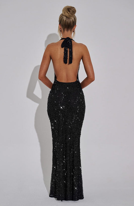 Seraphina Maxi Dress Sequin Net Black Lined – back view