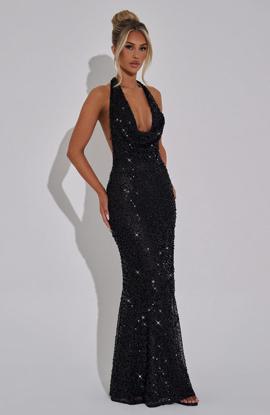 Seraphina Maxi Dress Sequin Net Black Lined – styling detail