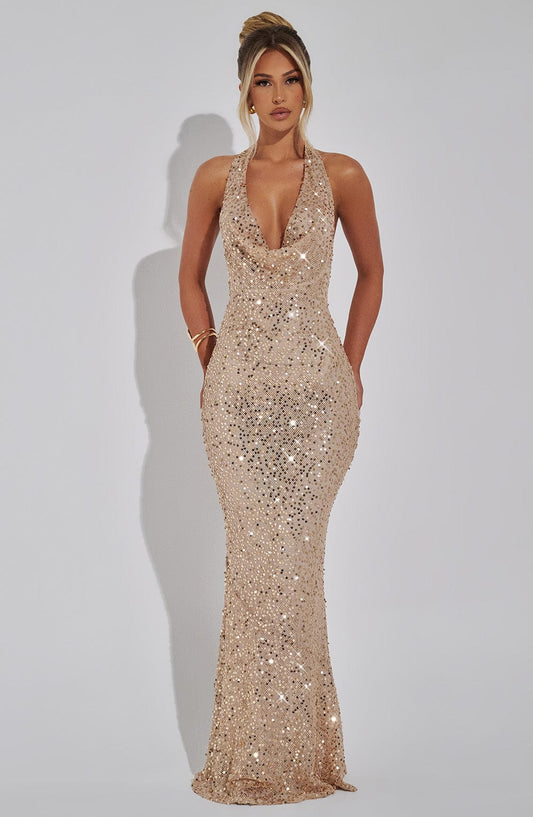 Seraphina Maxi Dress Sequin Halterneck Gold – side view