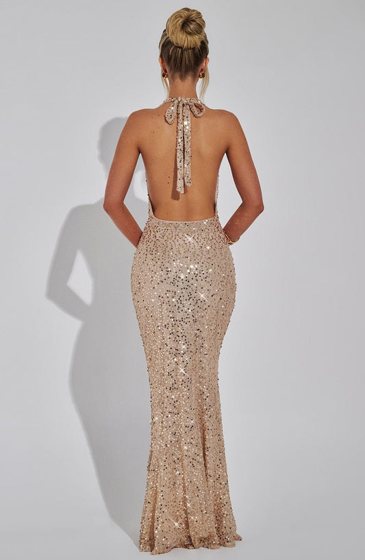 Seraphina Maxi Dress Sequin Halterneck Gold – detail view