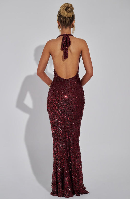 Seraphina Maxi Dress Sequin Halter Neck Wine – detail view